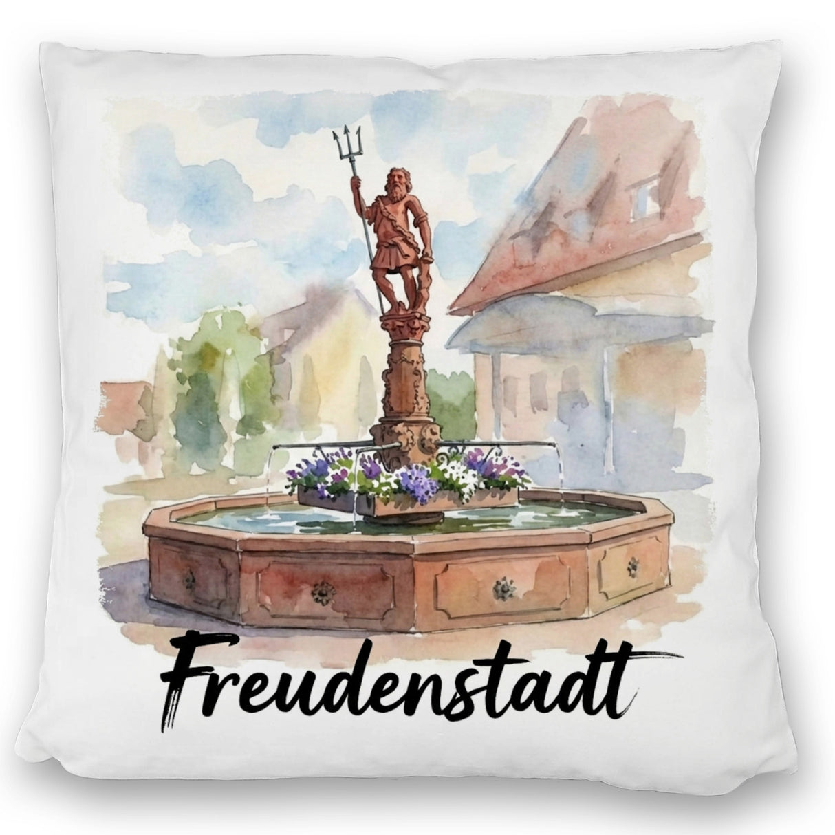 Brunnen Freudenstadt Kissen mit Aquarellmotiv
