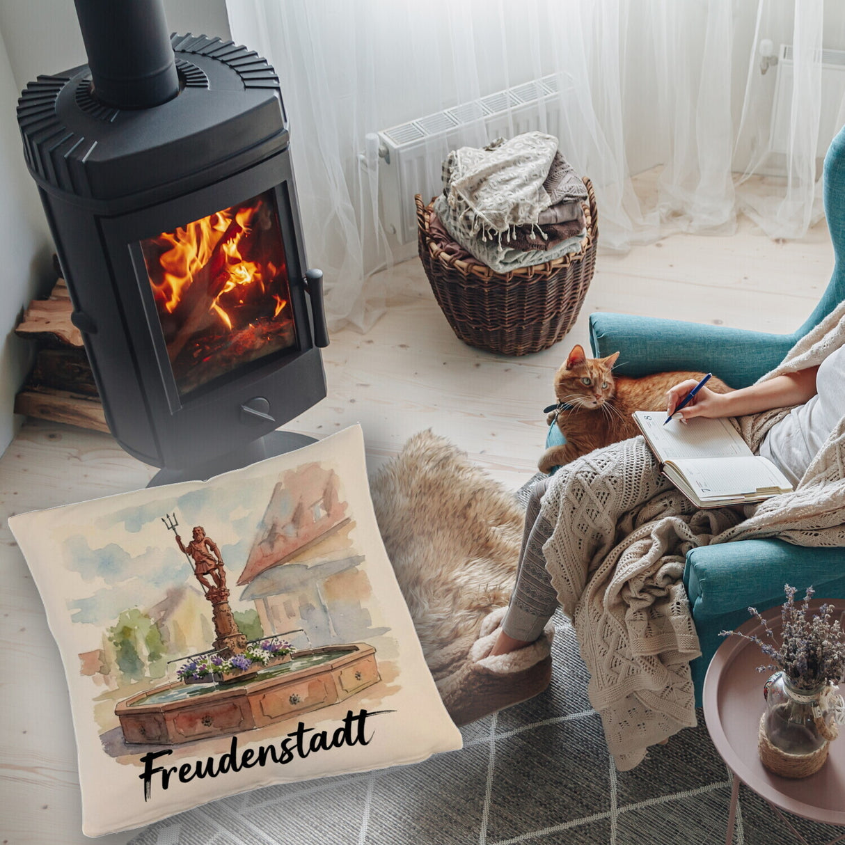 Brunnen Freudenstadt Kissen mit Aquarellmotiv