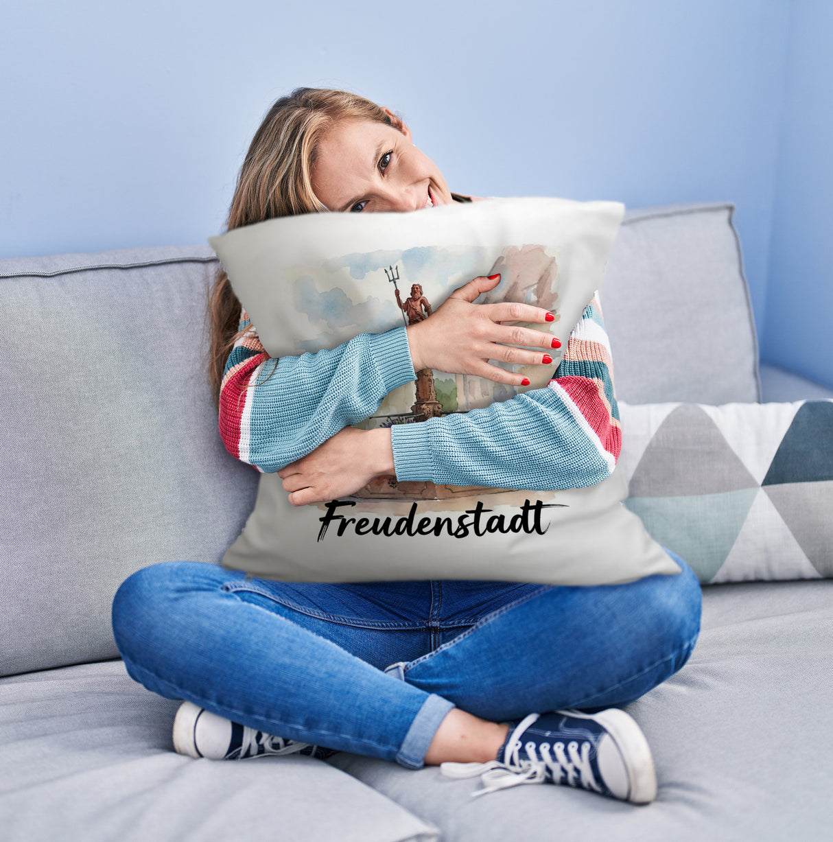 Brunnen Freudenstadt Kissen mit Aquarellmotiv