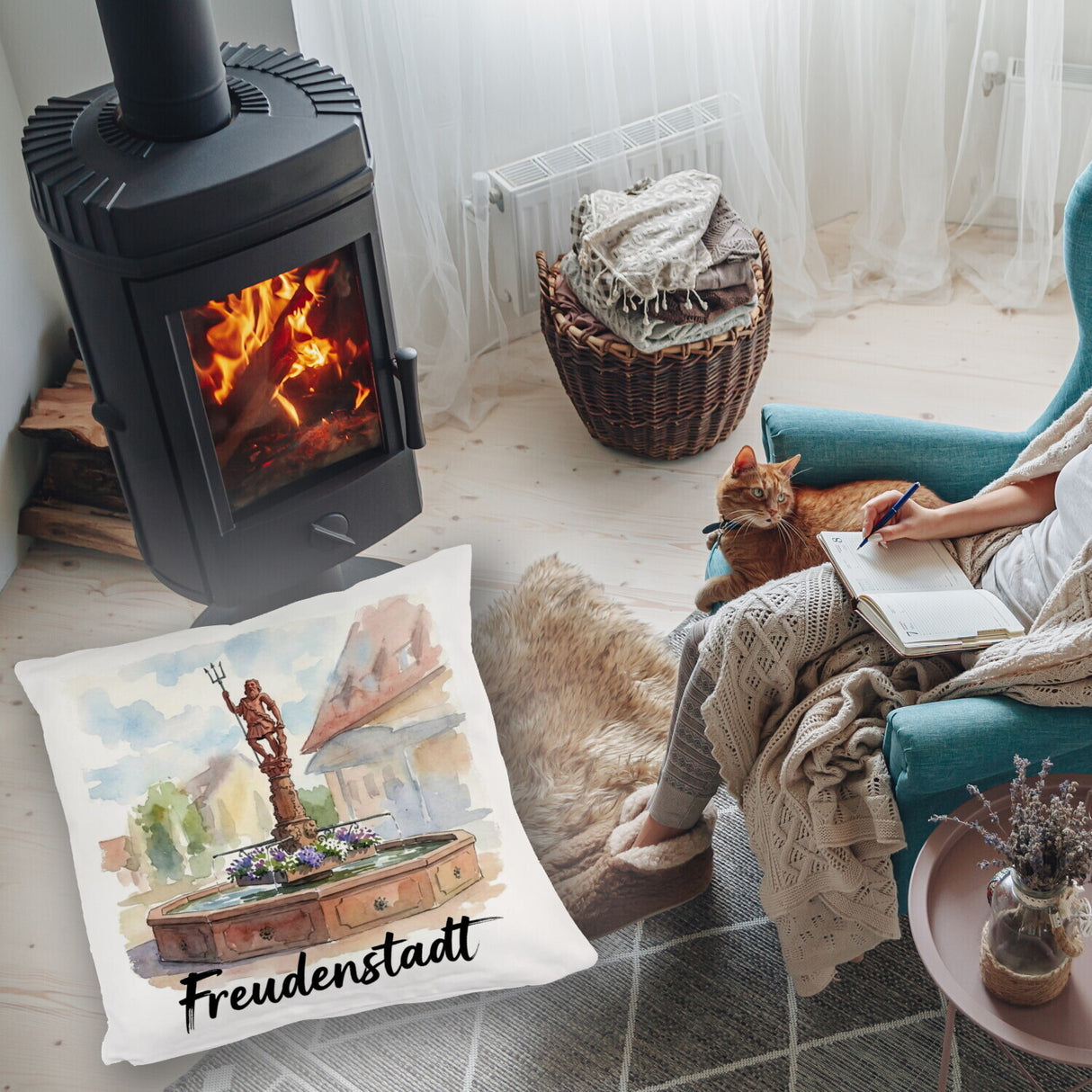 Brunnen Freudenstadt Kissen mit Aquarellmotiv