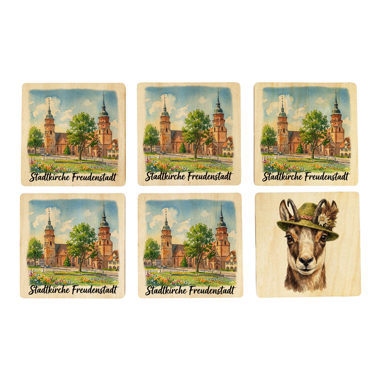 Stadtkirche Freudenstadt 6er Set Untersetzer aus Holz Aquarell