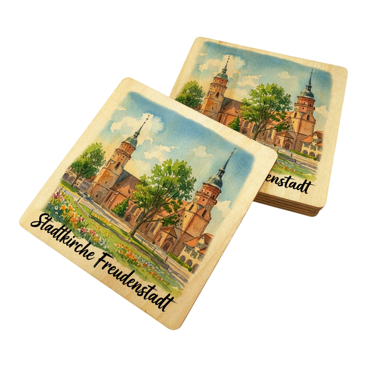 Stadtkirche Freudenstadt 6er Set Untersetzer aus Holz Aquarell