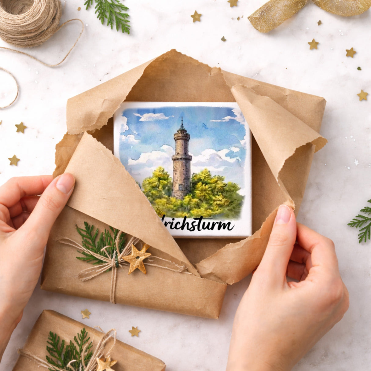 Friedrichsturm Freudenstadt Aquarell Holzbild in 10x10 cm zum Stellen oder Aufhängen