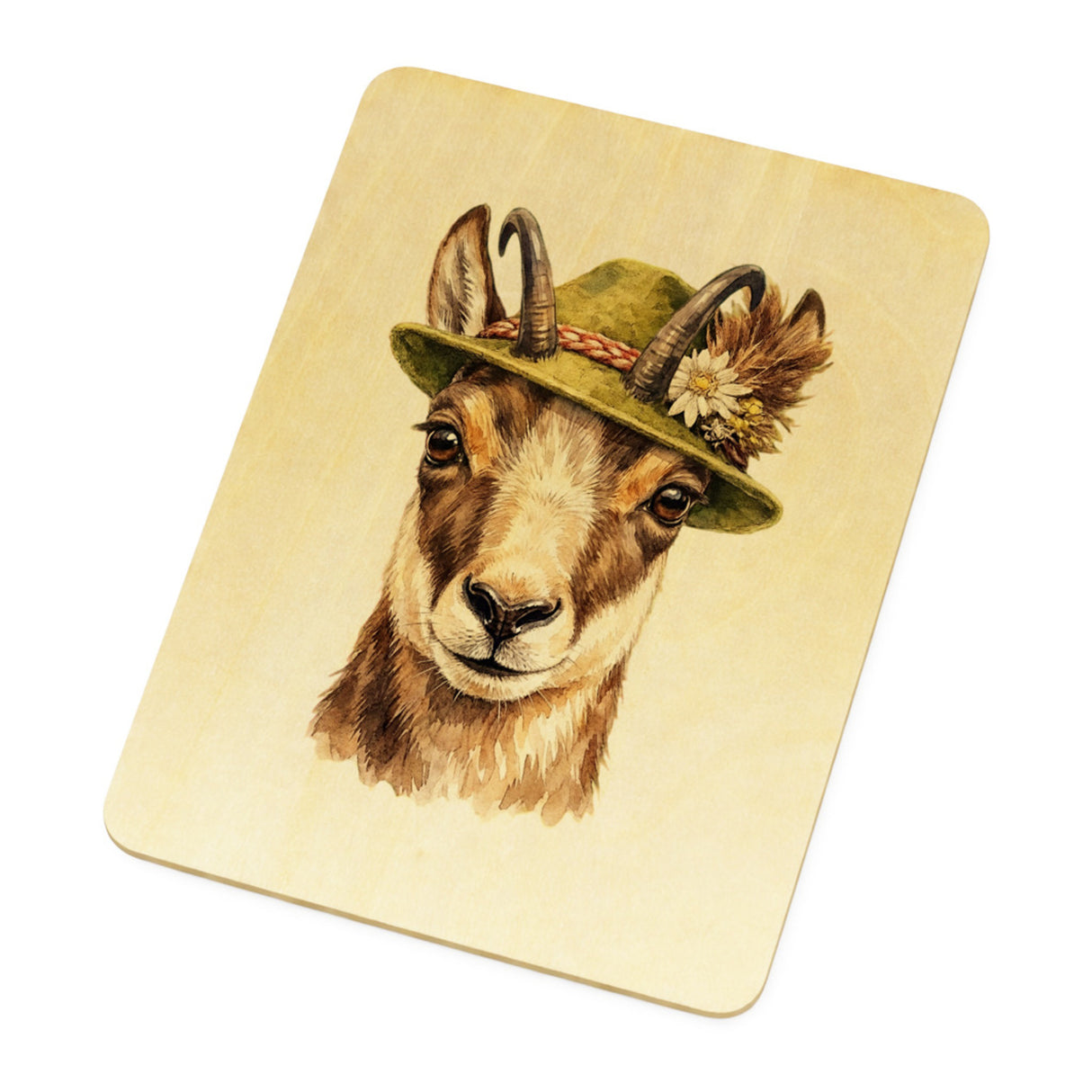 Gämse mit alpenländischem Trachtenhut Postkarte aus Holz