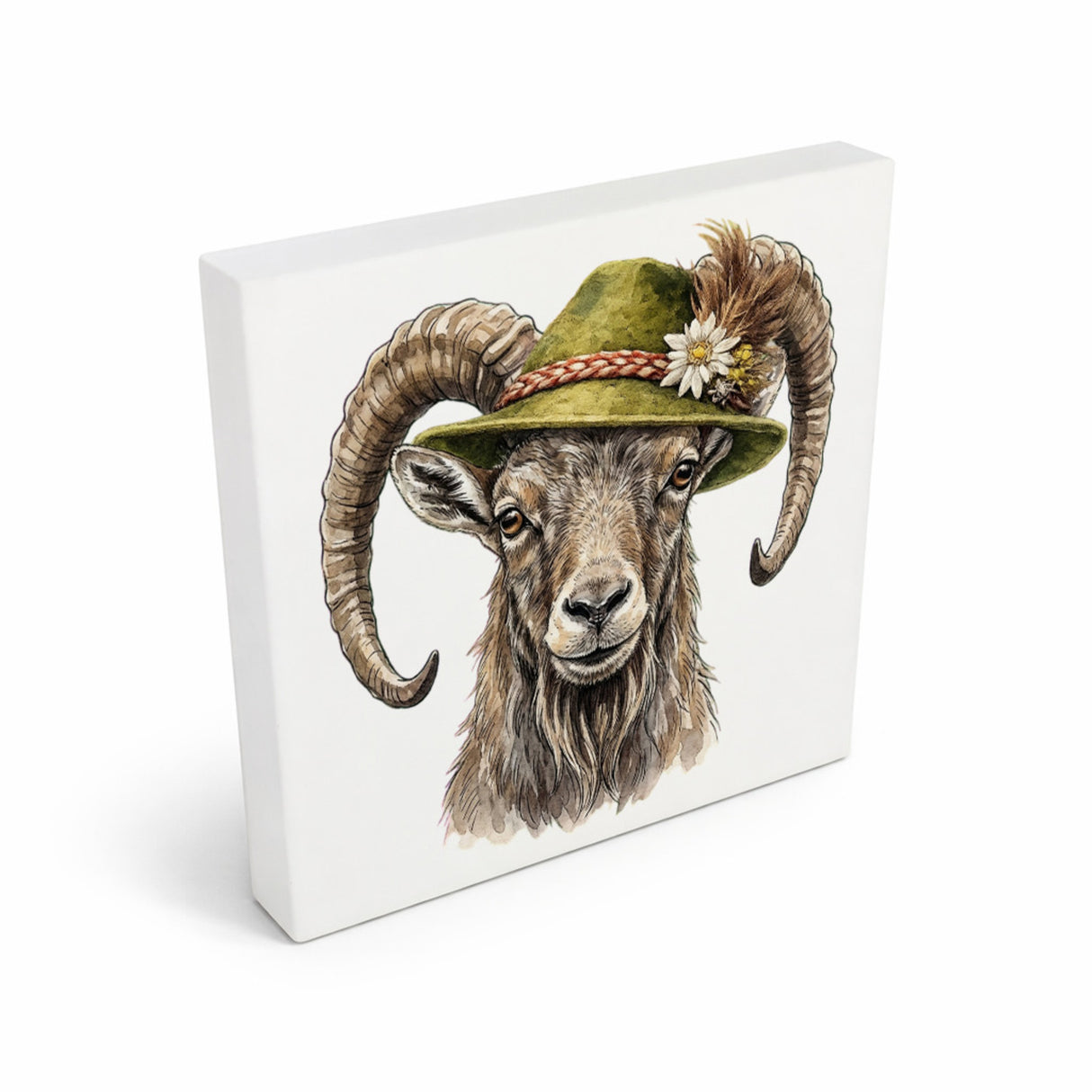 Trachtenhut Berge-Tiere Steinbock Holzbild in 10x10 cm zum Stellen oder Aufhängen