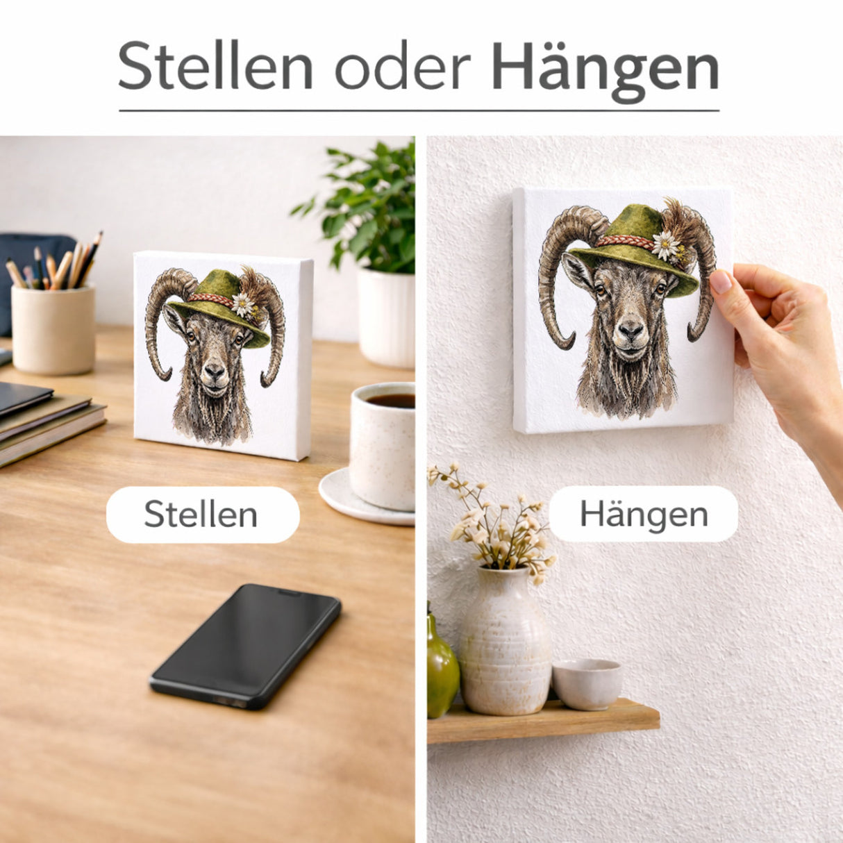 Trachtenhut Berge-Tiere Steinbock Holzbild in 10x10 cm zum Stellen oder Aufhängen