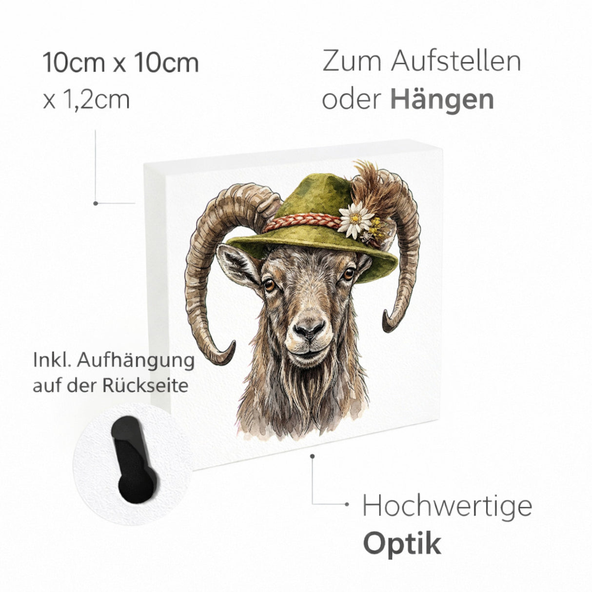 Trachtenhut Berge-Tiere Steinbock Holzbild in 10x10 cm zum Stellen oder Aufhängen