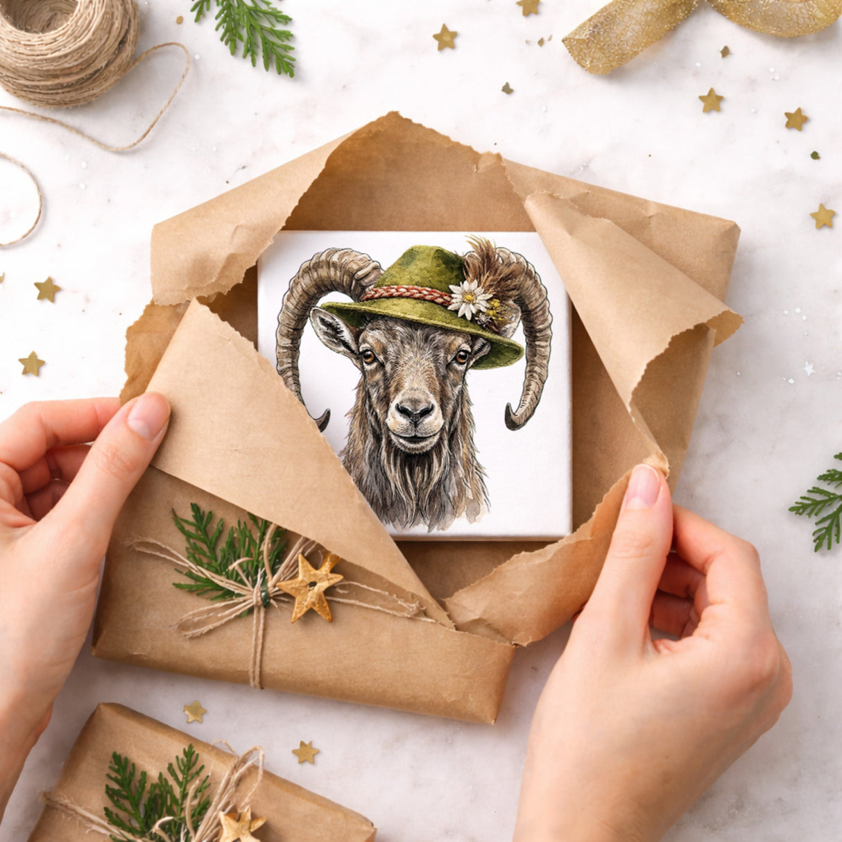 Trachtenhut Berge-Tiere Steinbock Holzbild in 10x10 cm zum Stellen oder Aufhängen