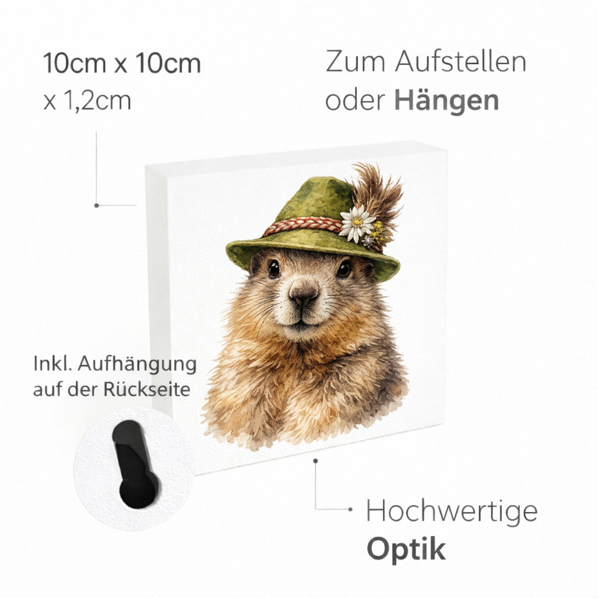 Trachtenhut Berge-Tiere Murmeltier Holzbild in 10x10 cm zum Stellen oder Aufhängen