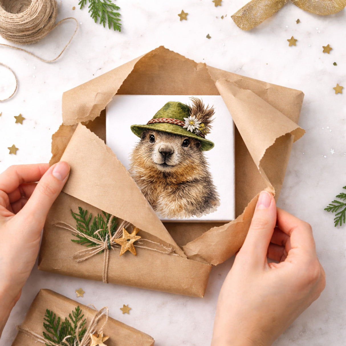 Trachtenhut Berge-Tiere Murmeltier Holzbild in 10x10 cm zum Stellen oder Aufhängen