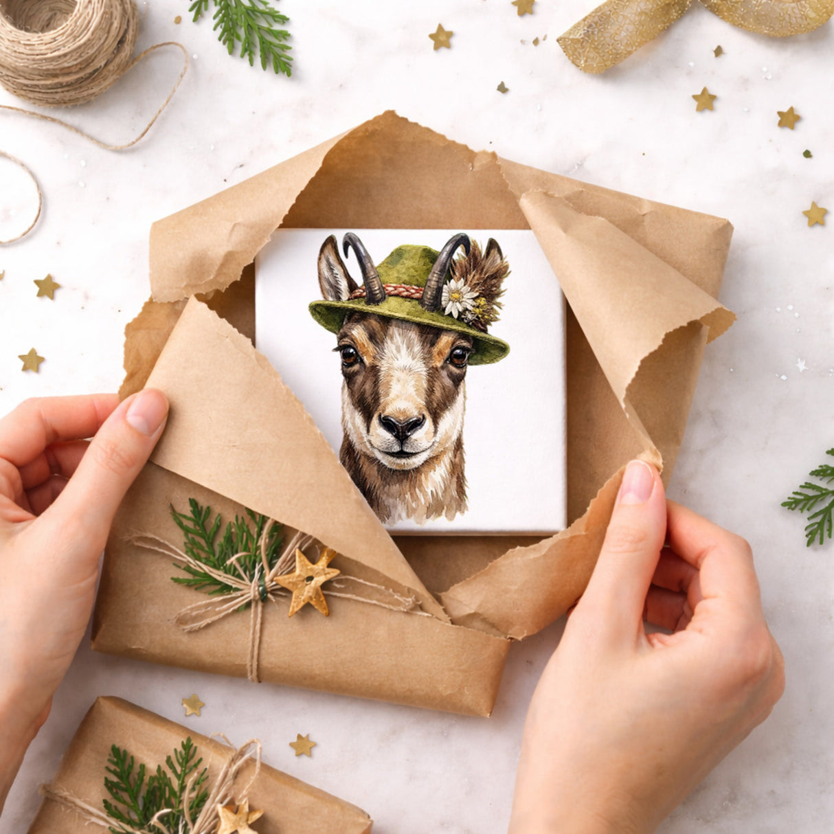 Trachtenhut Berge-Tiere Gämse Holzbild in 10x10 cm zum Stellen oder Aufhängen