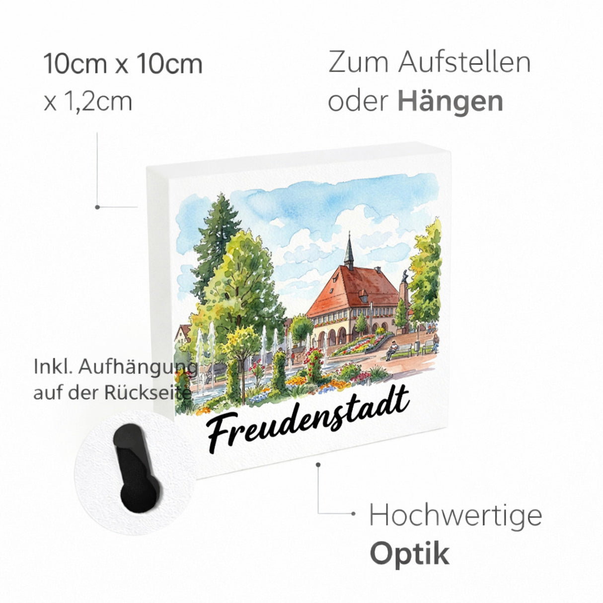 Freudenstadt Holzbild in 10x10 cm zum Stellen oder Aufhängen mit Rathaus-Motiv
