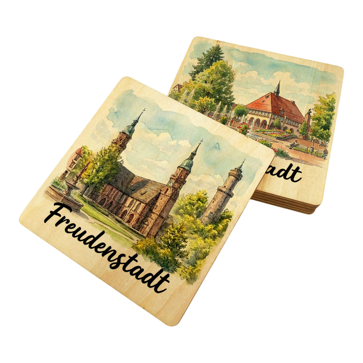 Friedrichsturm Stadtkirche Freudenstadt Aquarell 6er Set Untersetzer aus Holz