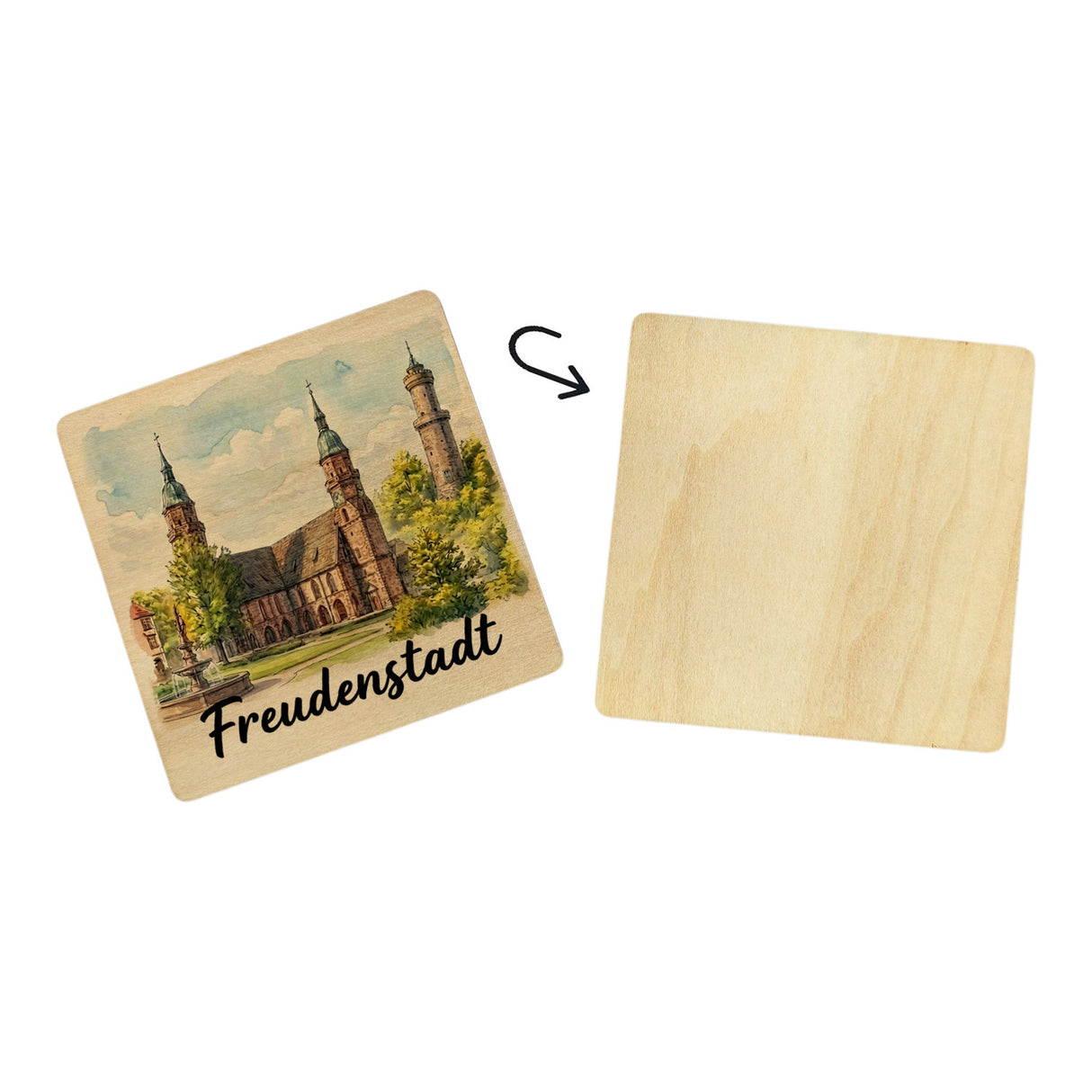 Friedrichsturm Stadtkirche Freudenstadt Aquarell 6er Set Untersetzer aus Holz