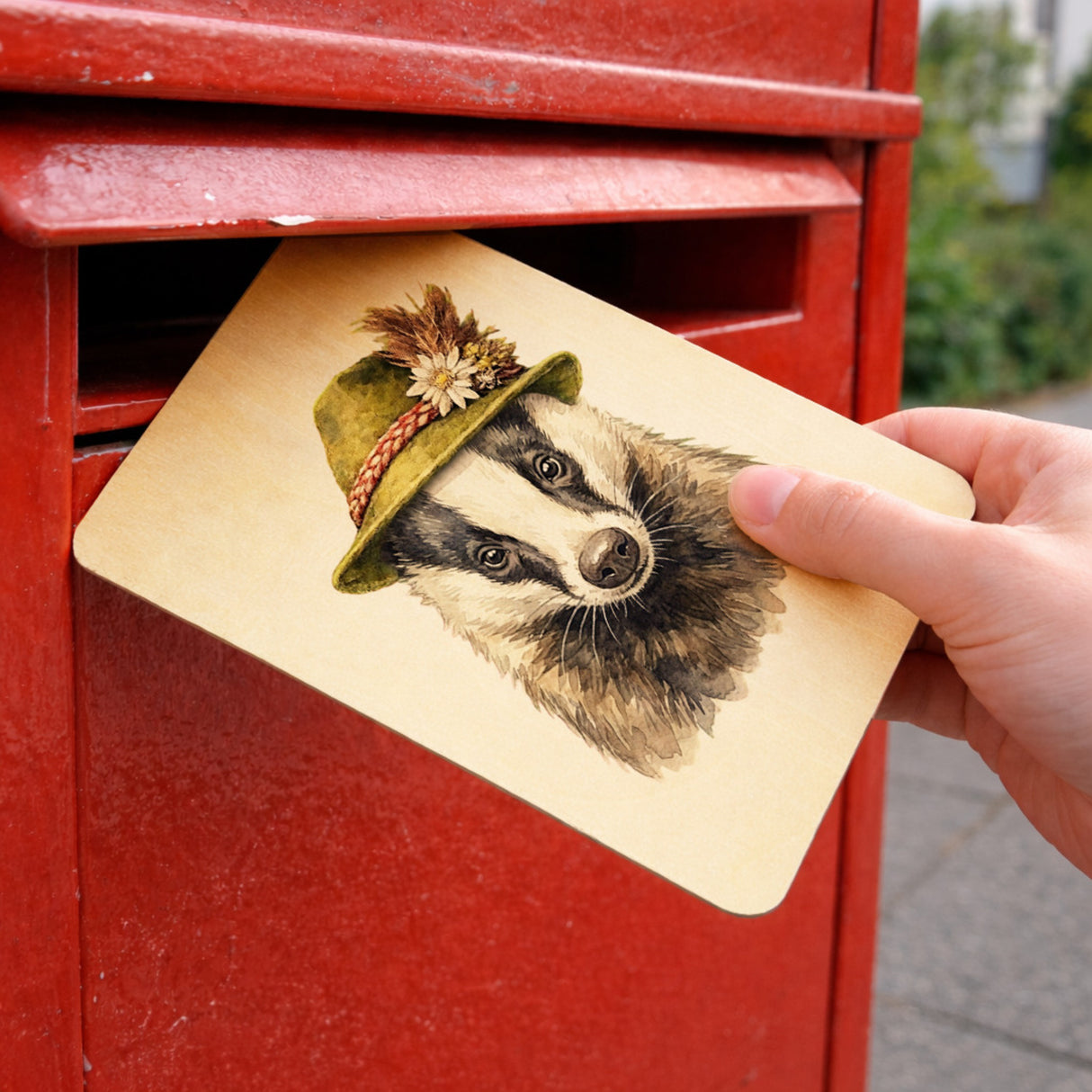 Dachs mit alpenländischem Trachtenhut Postkarte aus Holz
