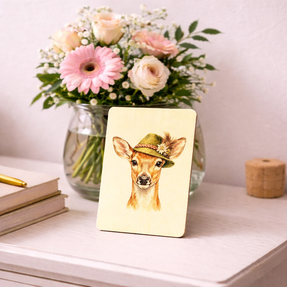 Reh mit alpenländischem Trachtenhut Postkarte aus Holz