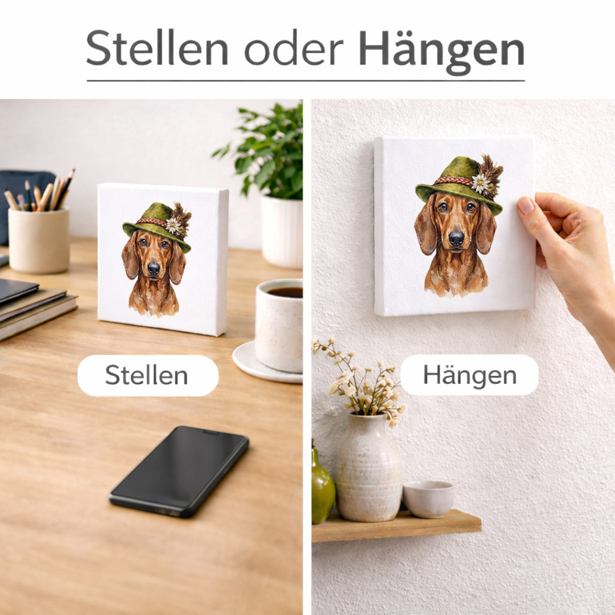 Trachtenhut Trend-Tiere Dackel Holzbild in 10x10 cm zum Stellen oder Aufhängen