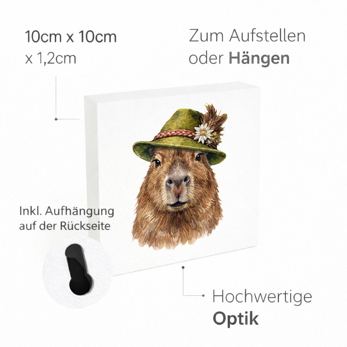 Trachtenhut Trend-Tiere Capybara Holzbild in 10x10 cm zum Stellen oder Aufhängen