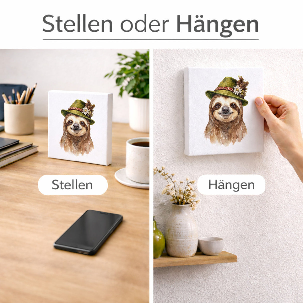 Trachtenhut Trend-Tiere Faultier Holzbild in 10x10 cm zum Stellen oder Aufhängen