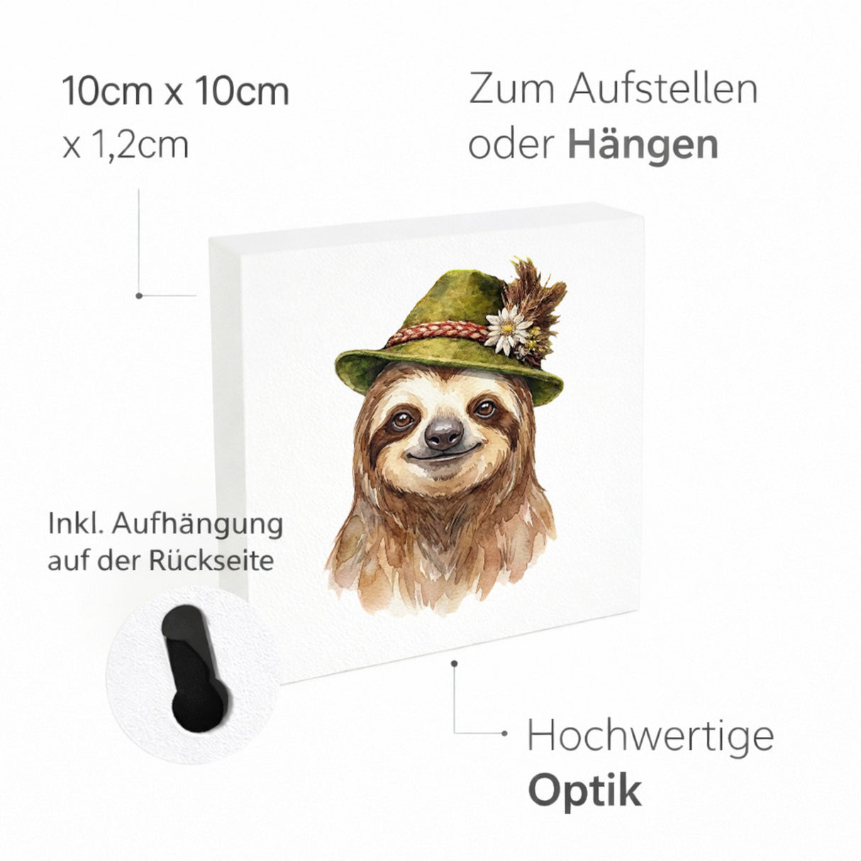 Trachtenhut Trend-Tiere Faultier Holzbild in 10x10 cm zum Stellen oder Aufhängen