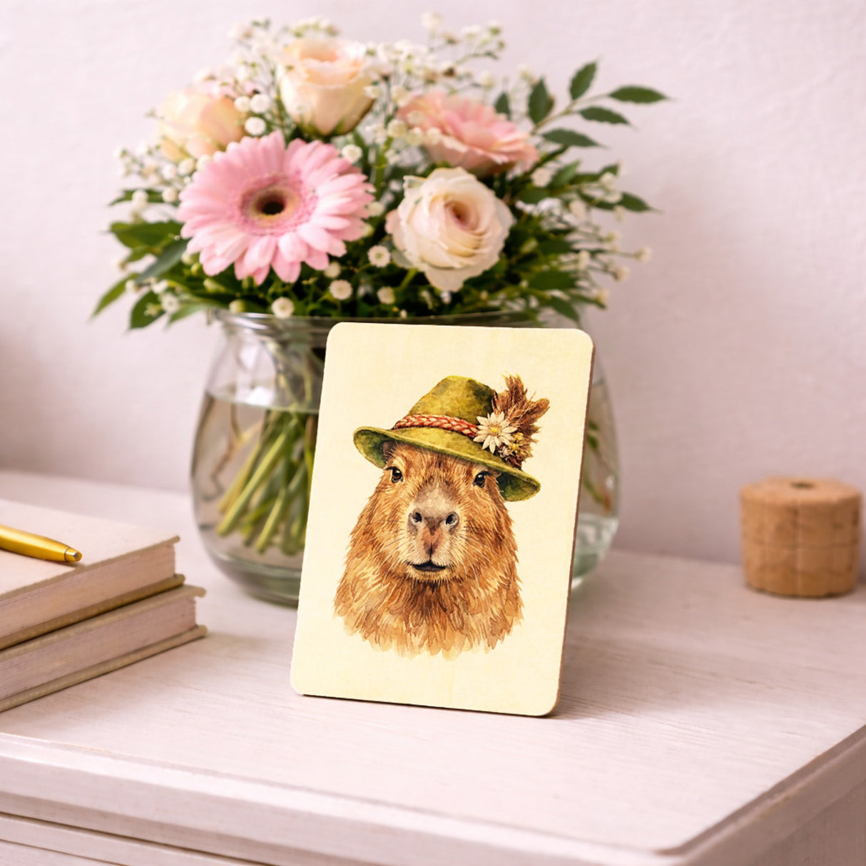 Capybara mit alpenländischem Trachtenhut Postkarte aus Holz