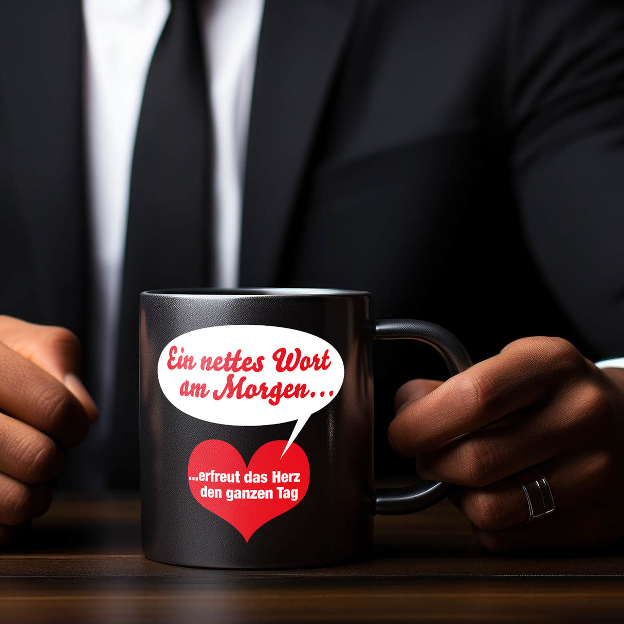 Herz und Sprechblase Tasse in Schwarz mit Spruch: Nettes Wort erfreut am Morgen