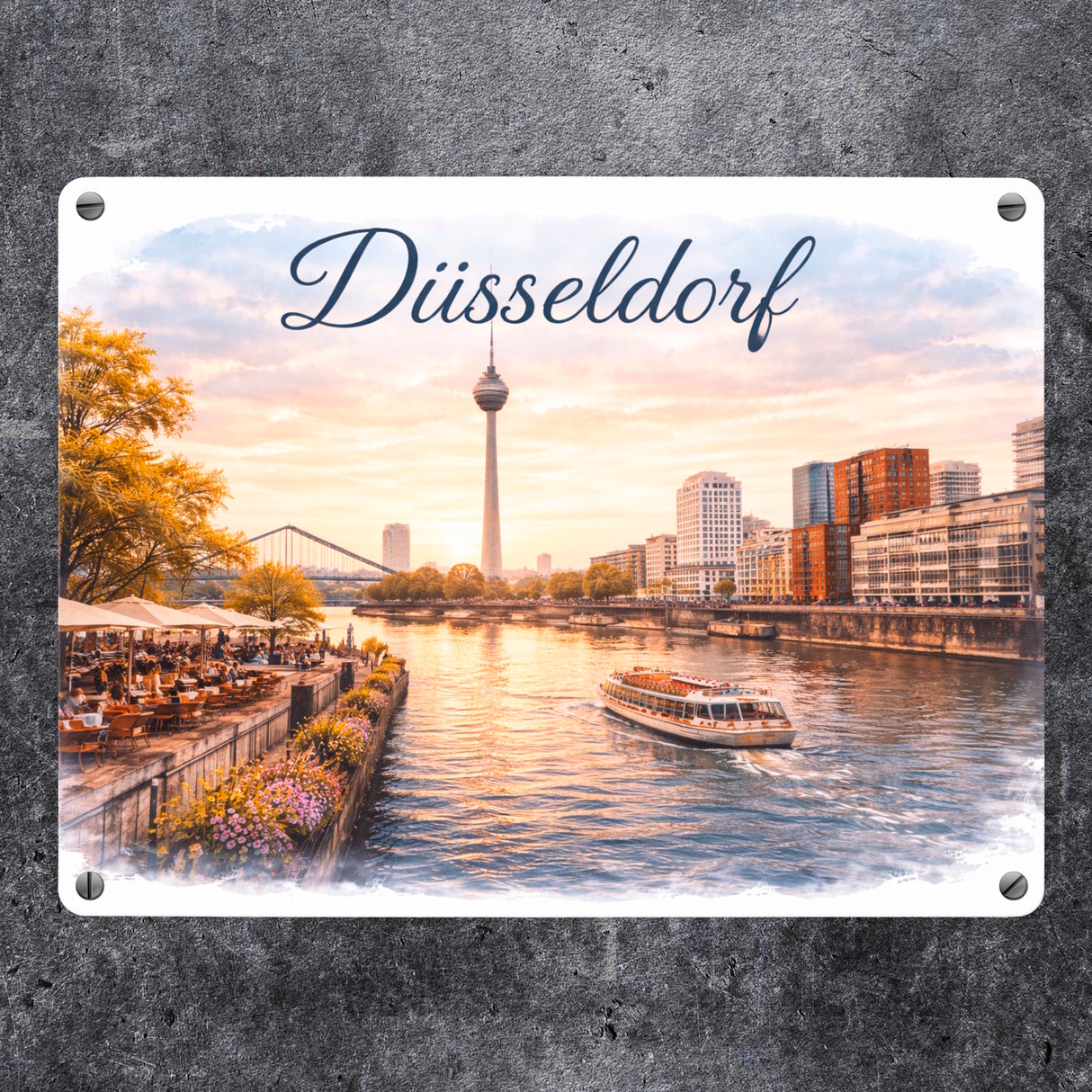 Düsseldorf Skyline Rheinturm Flussufer Metallschild in 15x20 cm