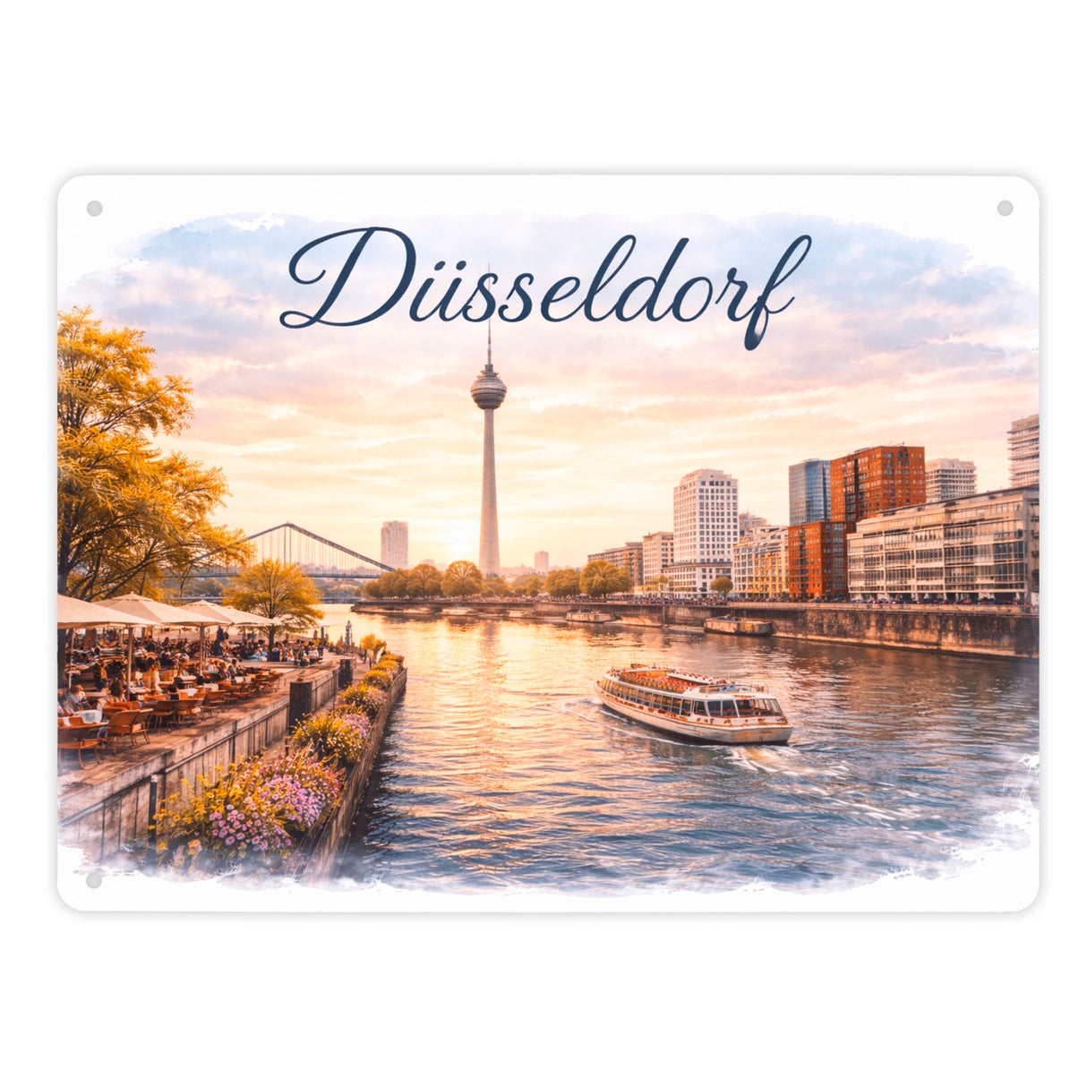 Düsseldorf Skyline Rheinturm Flussufer Metallschild in 15x20 cm