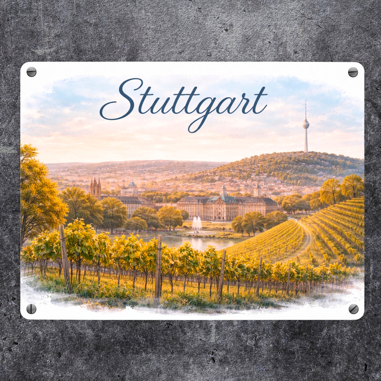 Stuttgart Skyline Weinberge Fernsehturm Metallschild in 15x20 cm
