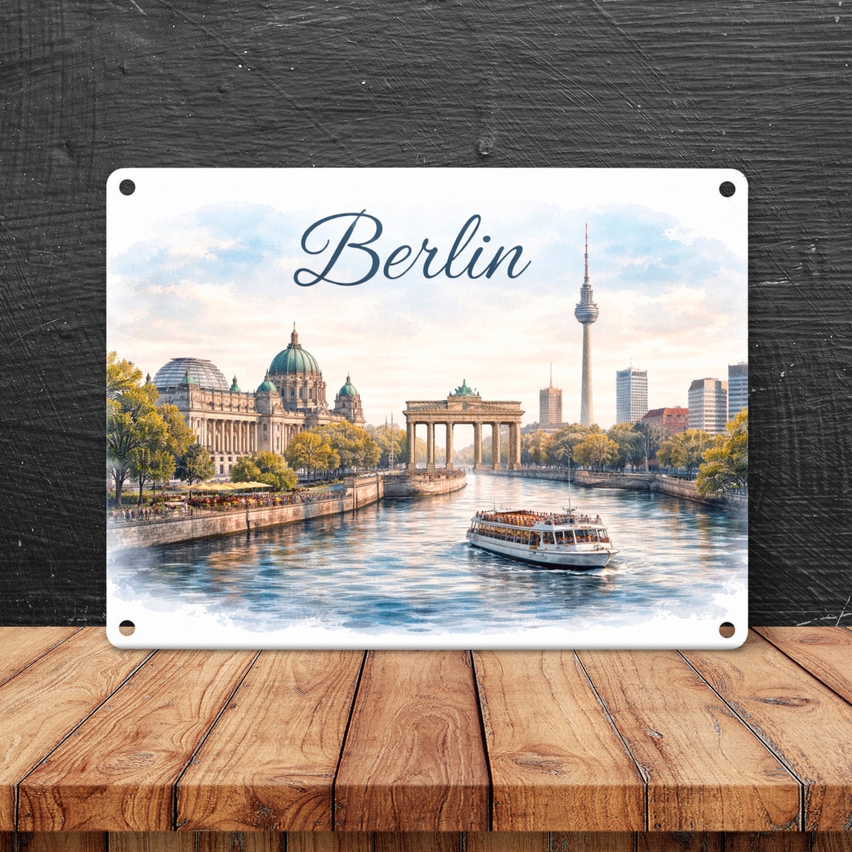 Berlin Skyline Metallschild in 15x20 cm Brandenburger Tor Aquarell