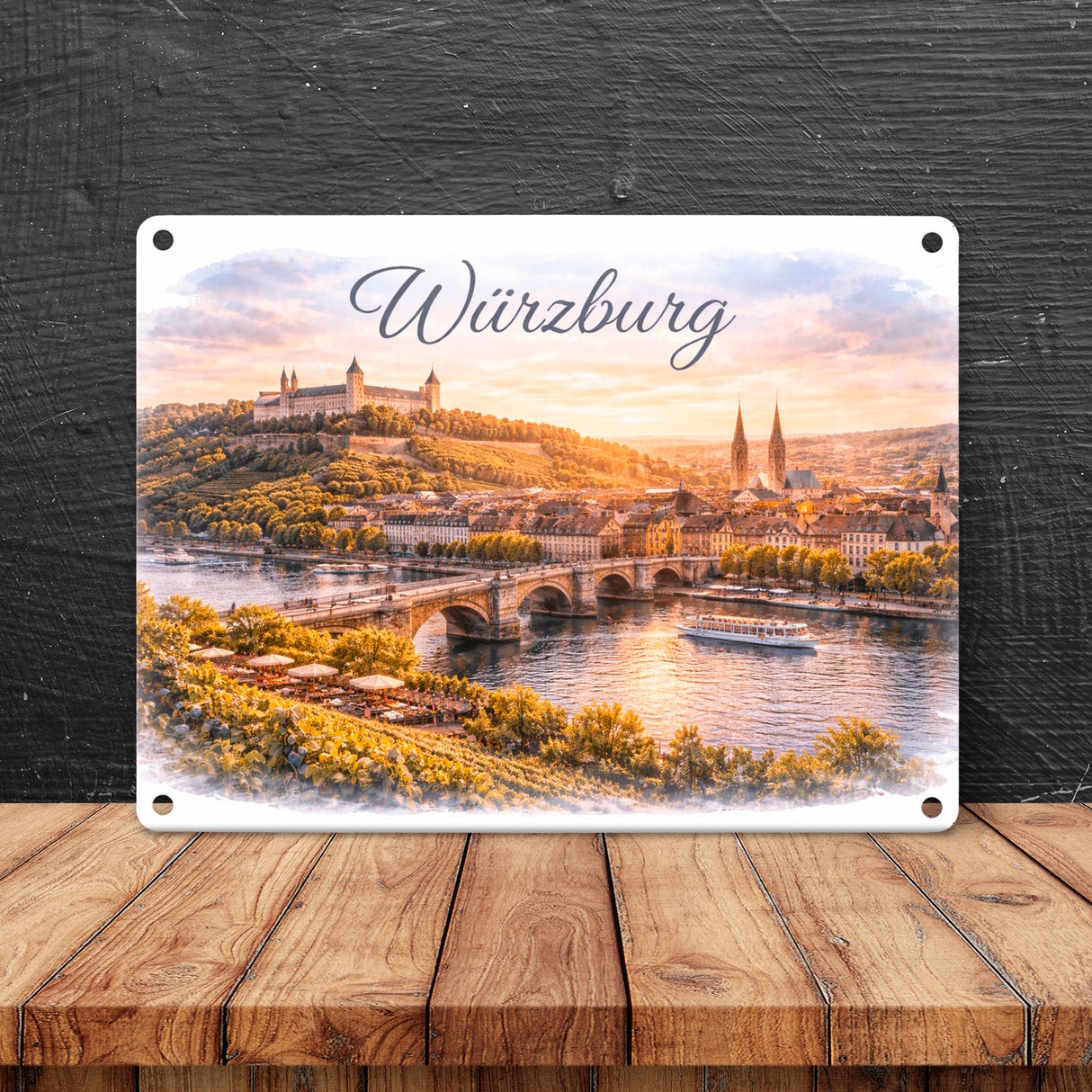 Würzburg Skyline Alte Mainbrücke und Festung Metallschild in 15x20 cm
