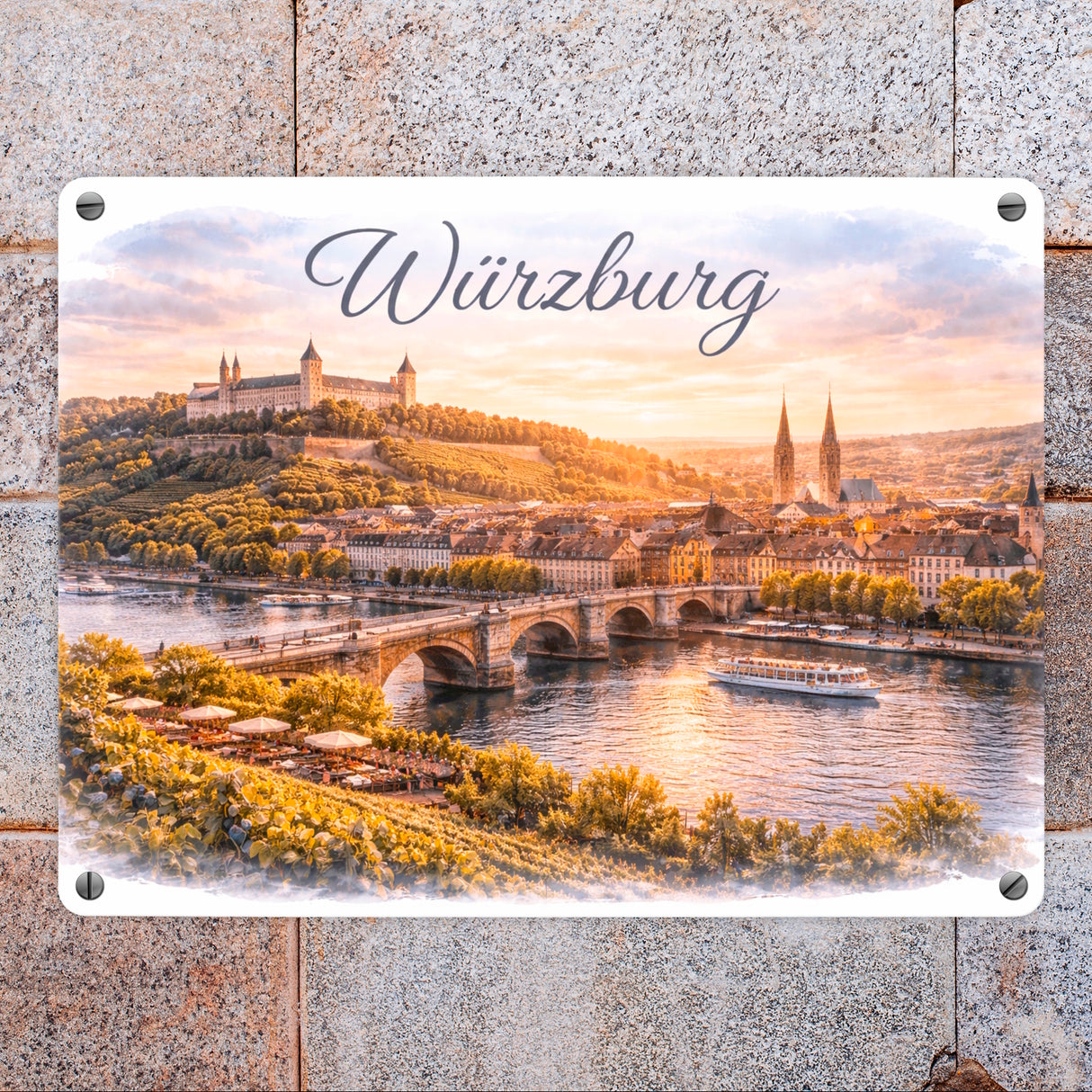 Würzburg Skyline Alte Mainbrücke und Festung Metallschild in 15x20 cm