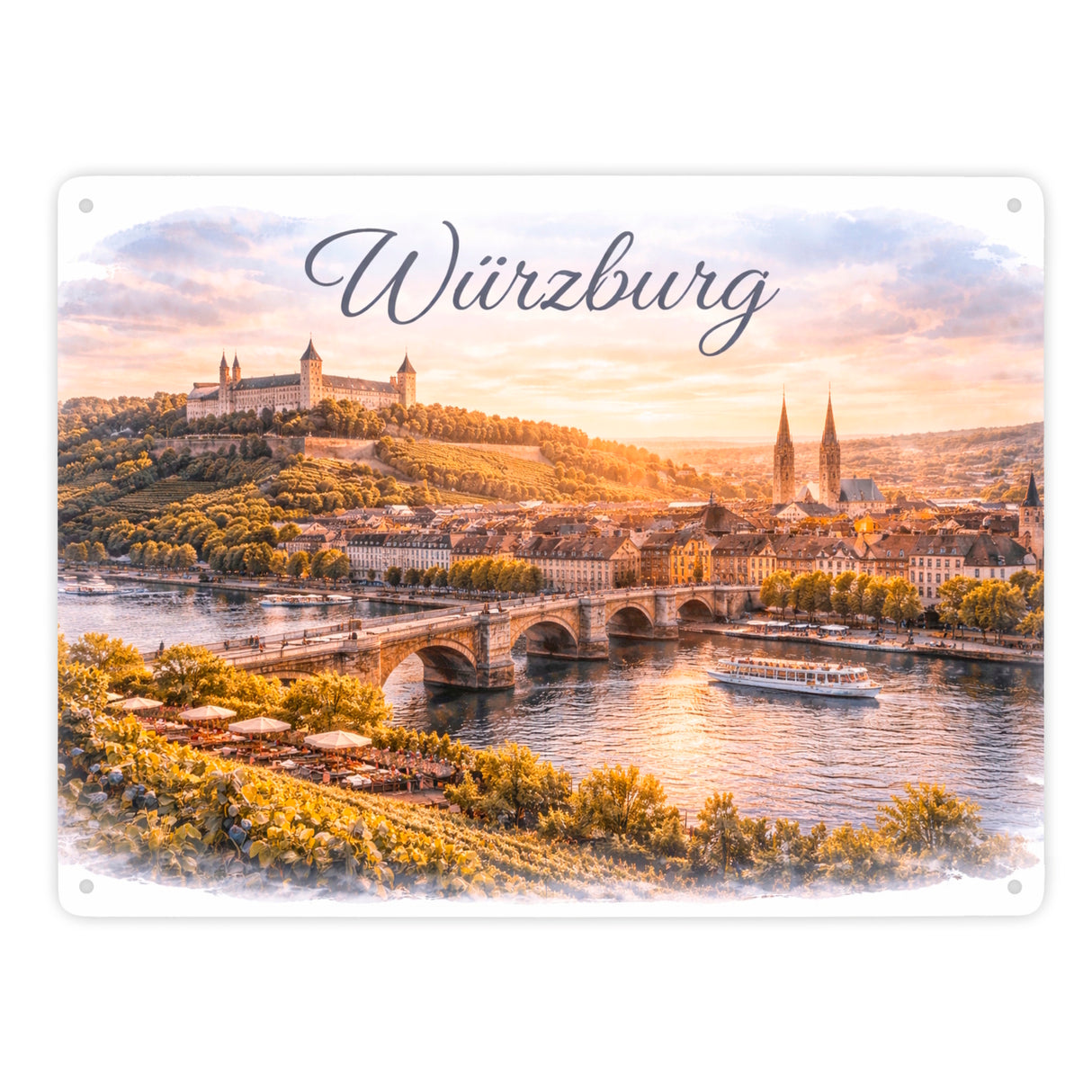 Würzburg Skyline Alte Mainbrücke und Festung Metallschild in 15x20 cm