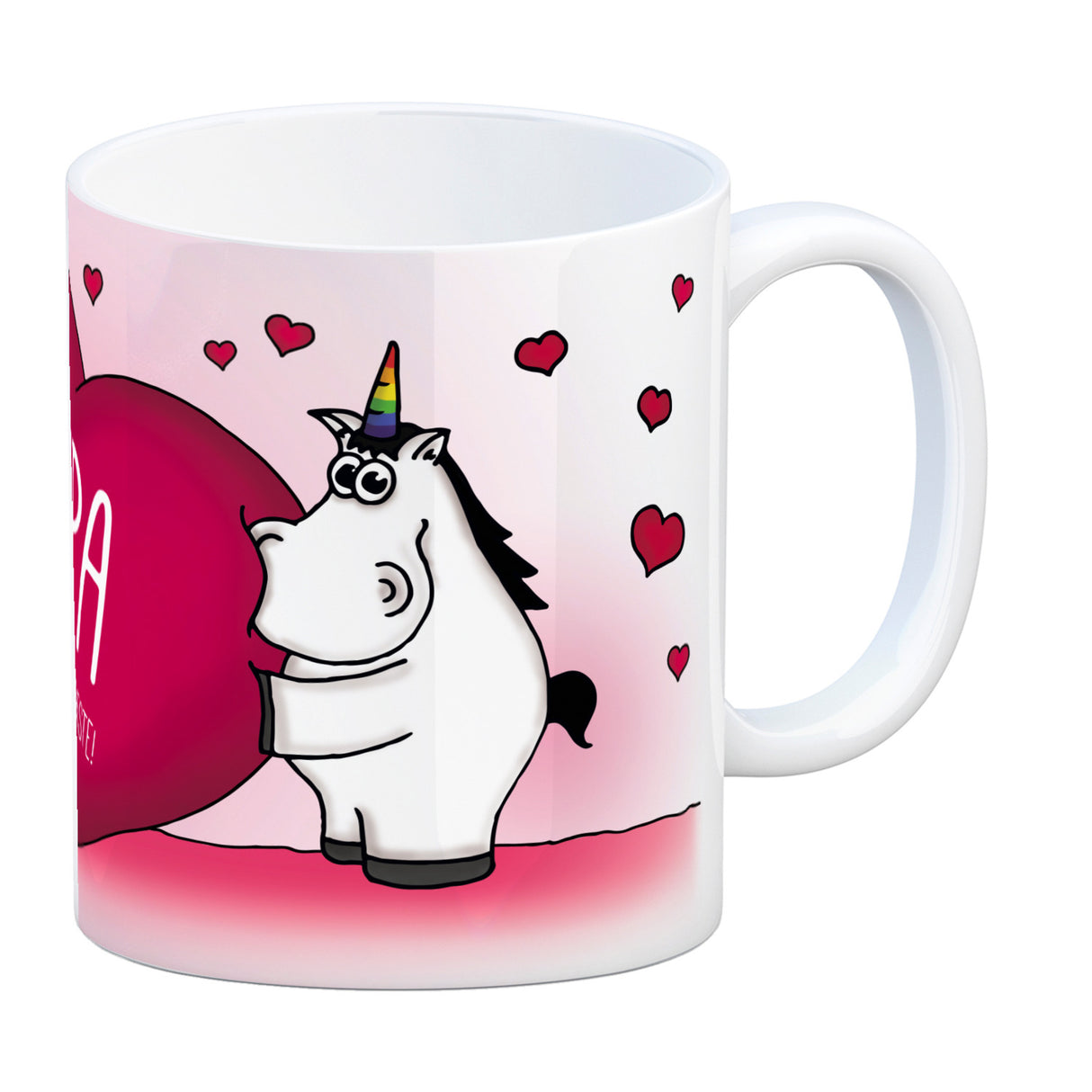 Einhorn Kaffeebecher mit Herz Motiv und Spruch: Opa ... ist der Beste!