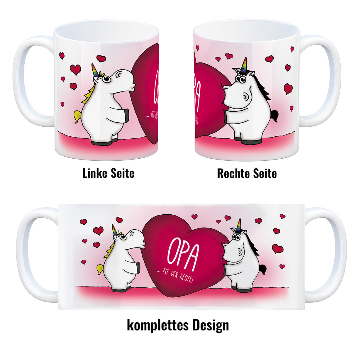 Einhorn Kaffeebecher mit Herz Motiv und Spruch: Opa ... ist der Beste!