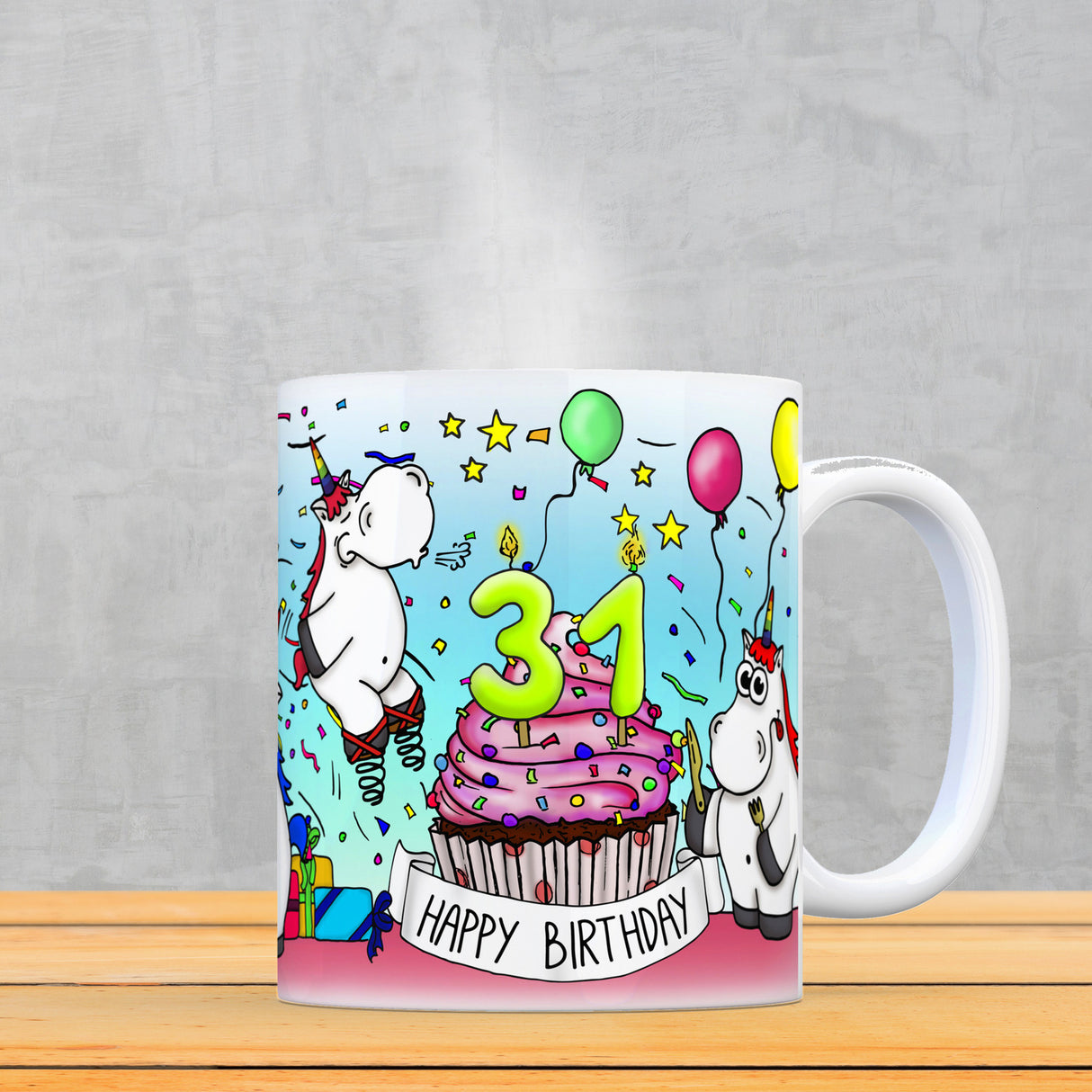 Honeycorns Tasse zum 31. Geburtstag mit Muffin und Einhorn Party