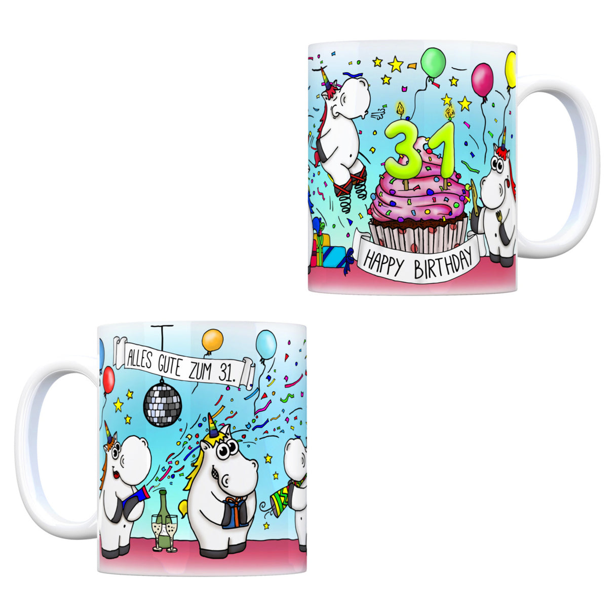 Honeycorns Tasse zum 31. Geburtstag mit Muffin und Einhorn Party
