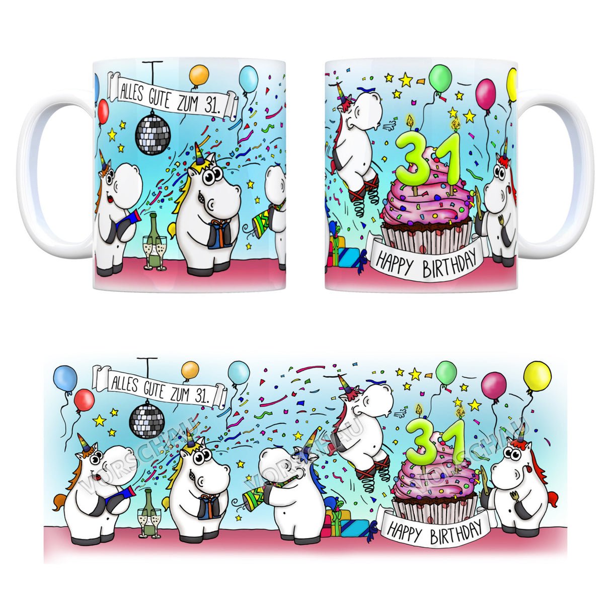 Honeycorns Tasse zum 31. Geburtstag mit Muffin und Einhorn Party