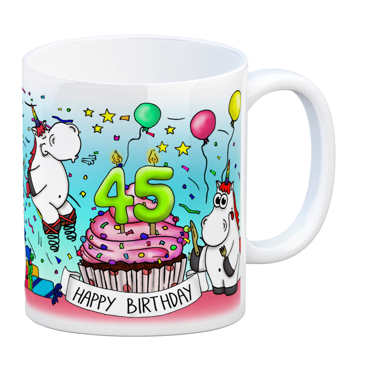 Honeycorns Tasse zum 45. Geburtstag mit Muffin und Einhorn Party