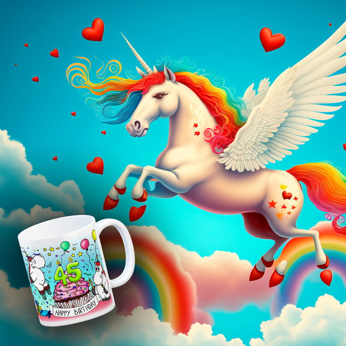 Honeycorns Tasse zum 45. Geburtstag mit Muffin und Einhorn Party