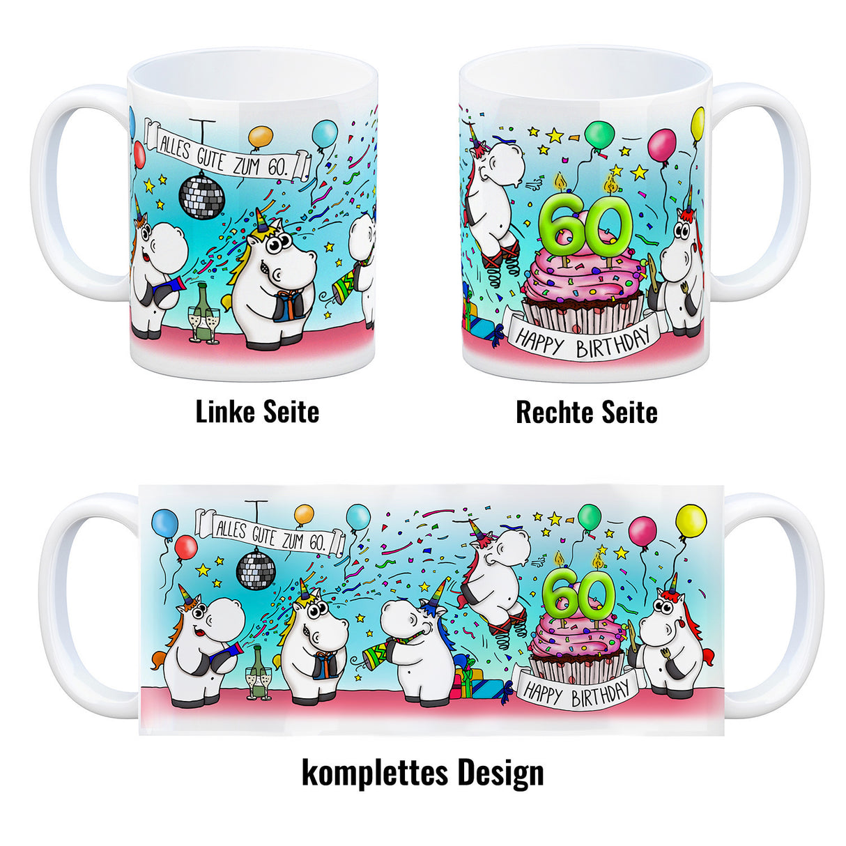 Honeycorns Tasse zum 60. Geburtstag mit Muffin und Einhorn Party