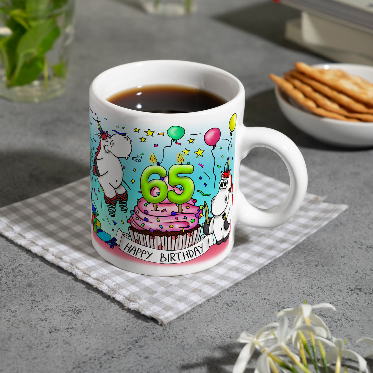 Honeycorns Tasse zum 65. Geburtstag mit Muffin und Einhorn Party