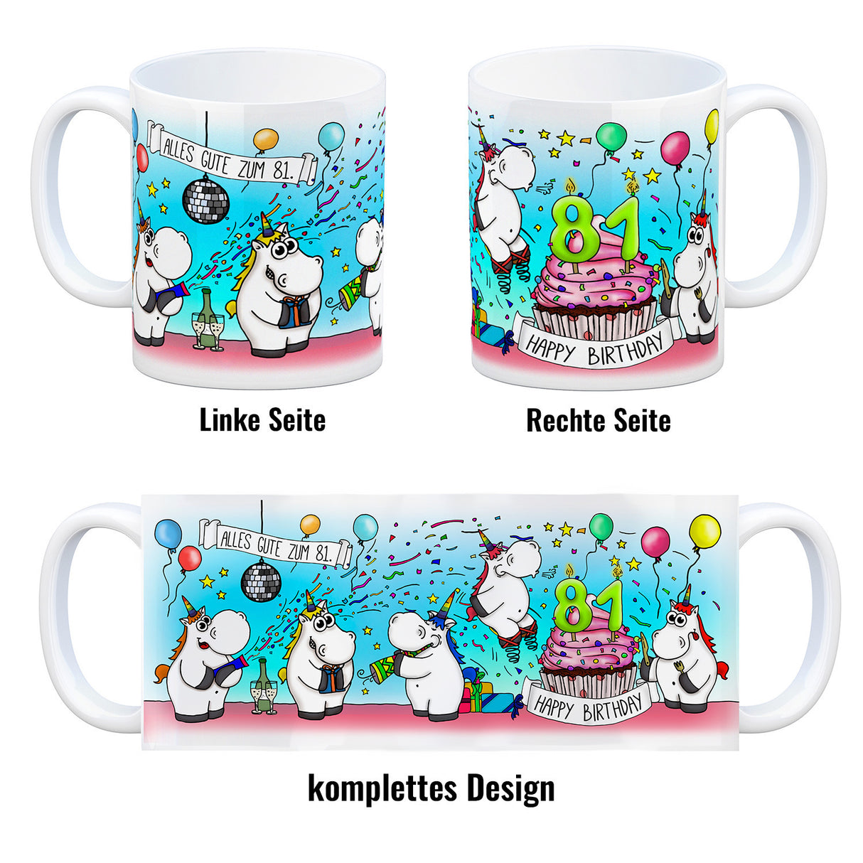 Honeycorns Tasse zum 81. Geburtstag mit Muffin und Einhorn Party