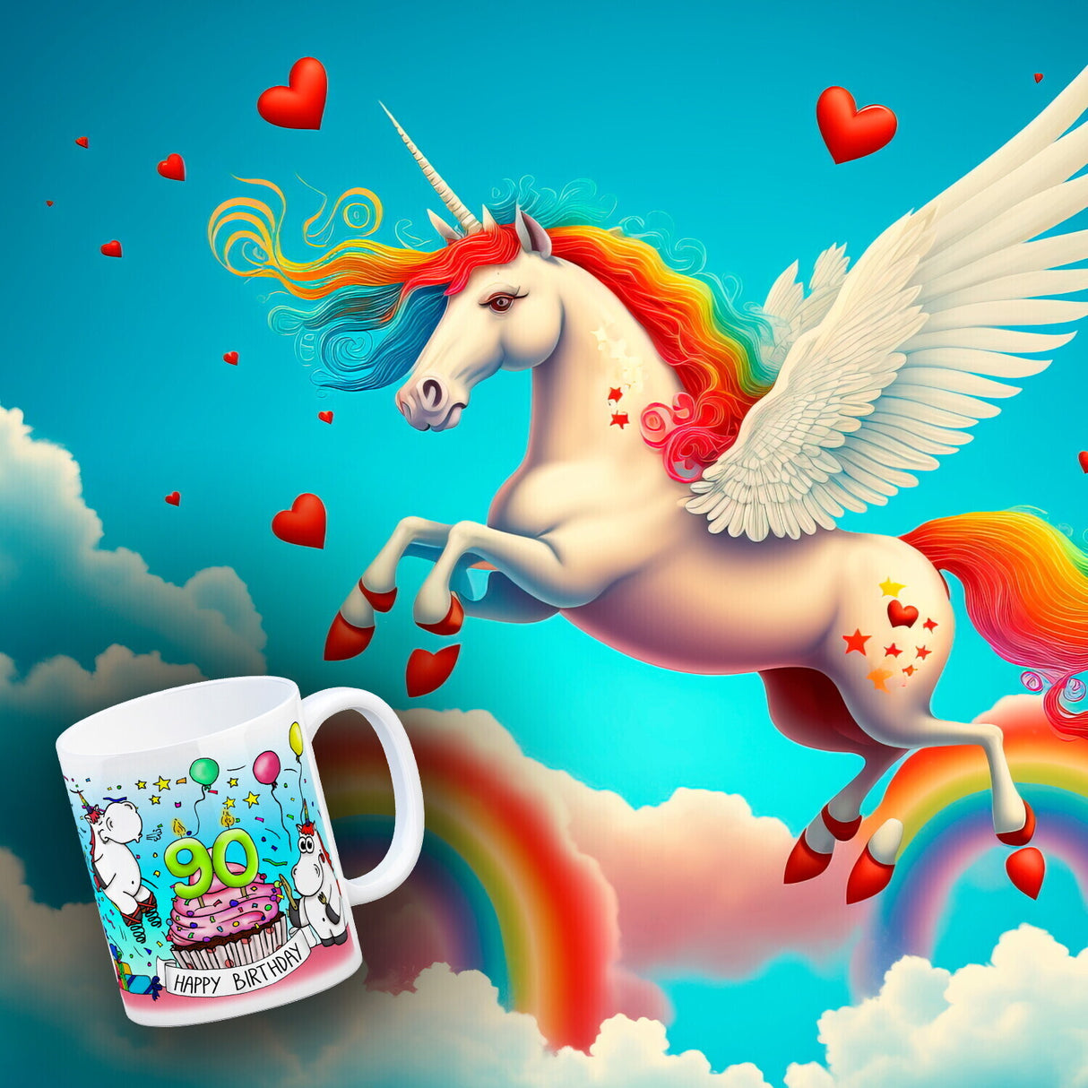 Honeycorns Tasse zum 90. Geburtstag mit Muffin und Einhorn Party