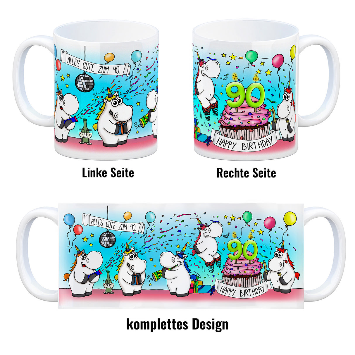 Honeycorns Tasse zum 90. Geburtstag mit Muffin und Einhorn Party