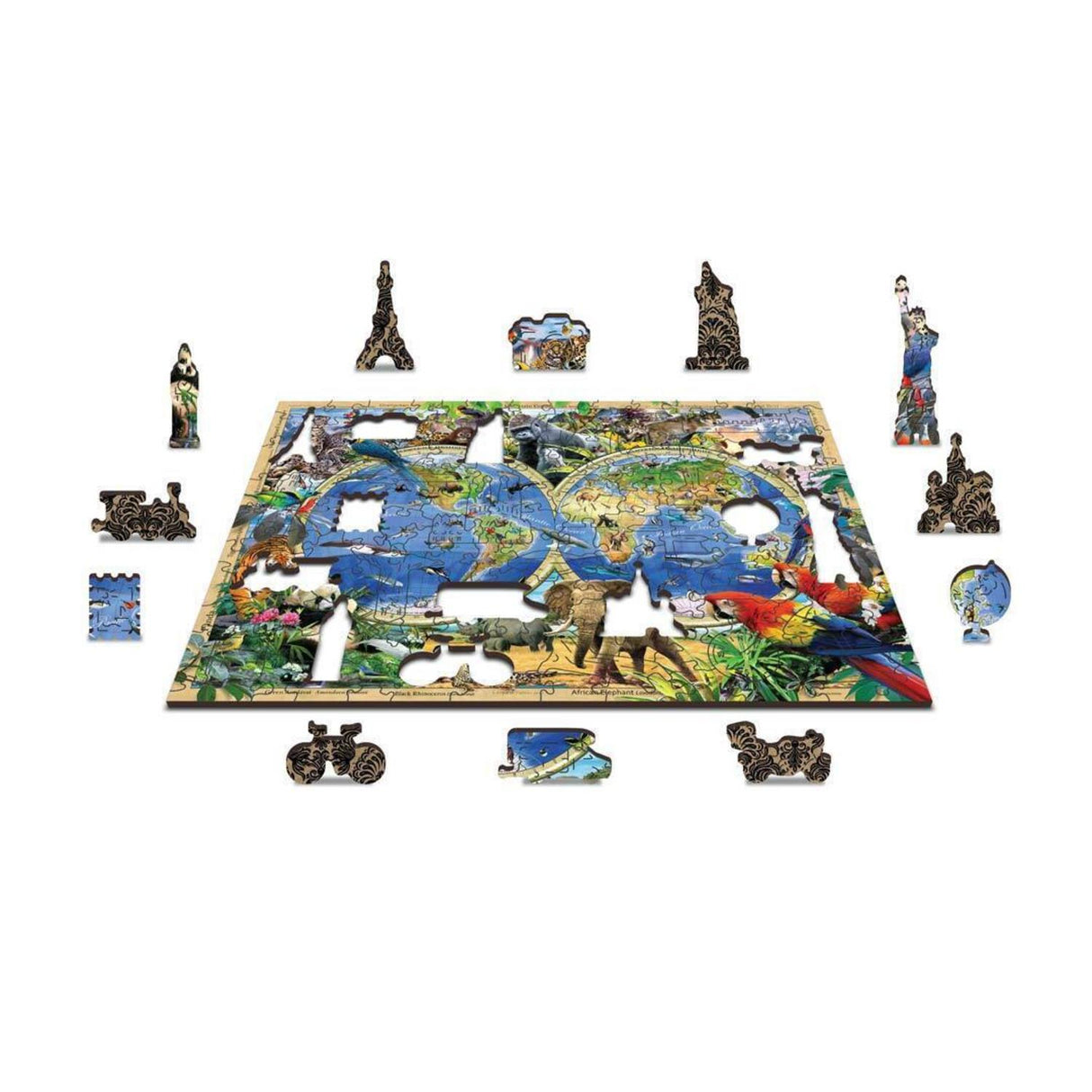 Wildtiere und Weltkarte Puzzle mit 150 Teilen aus Holz