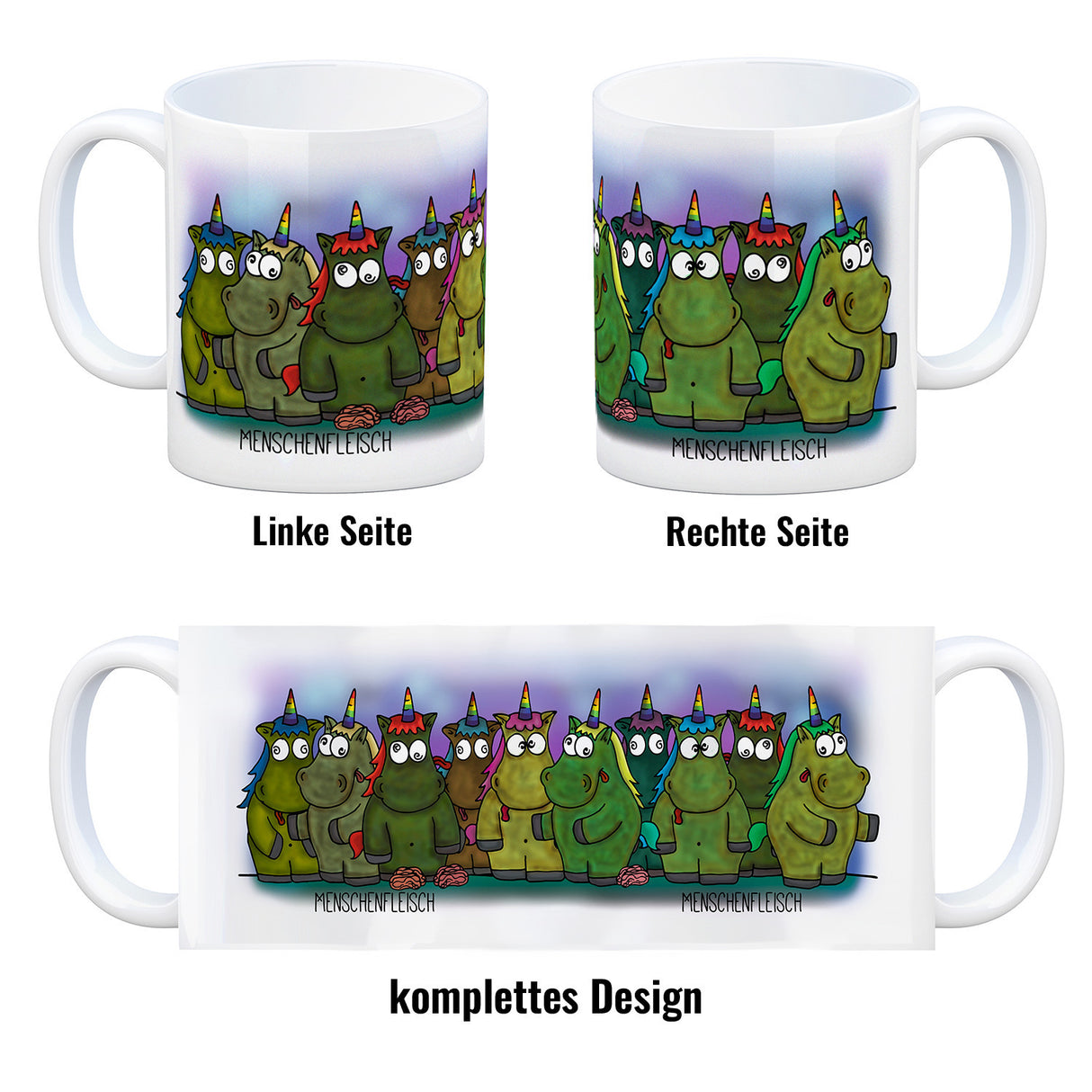 Honeycorns Kaffeebecher mit Einhorn Motiv und Spruch: Menschenfleisch