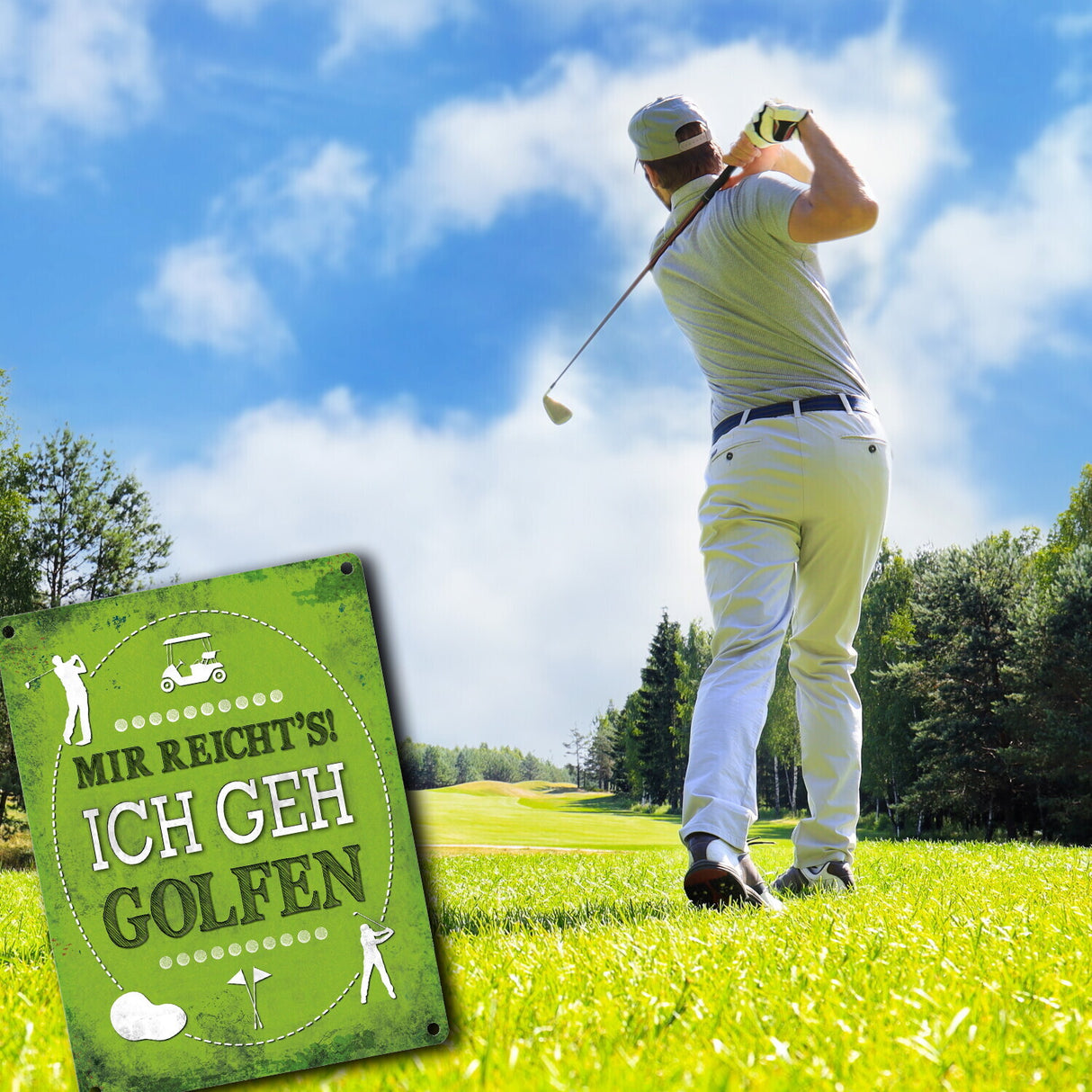 Metallschild mit Spruch: Mir reicht's! Ich geh golfen