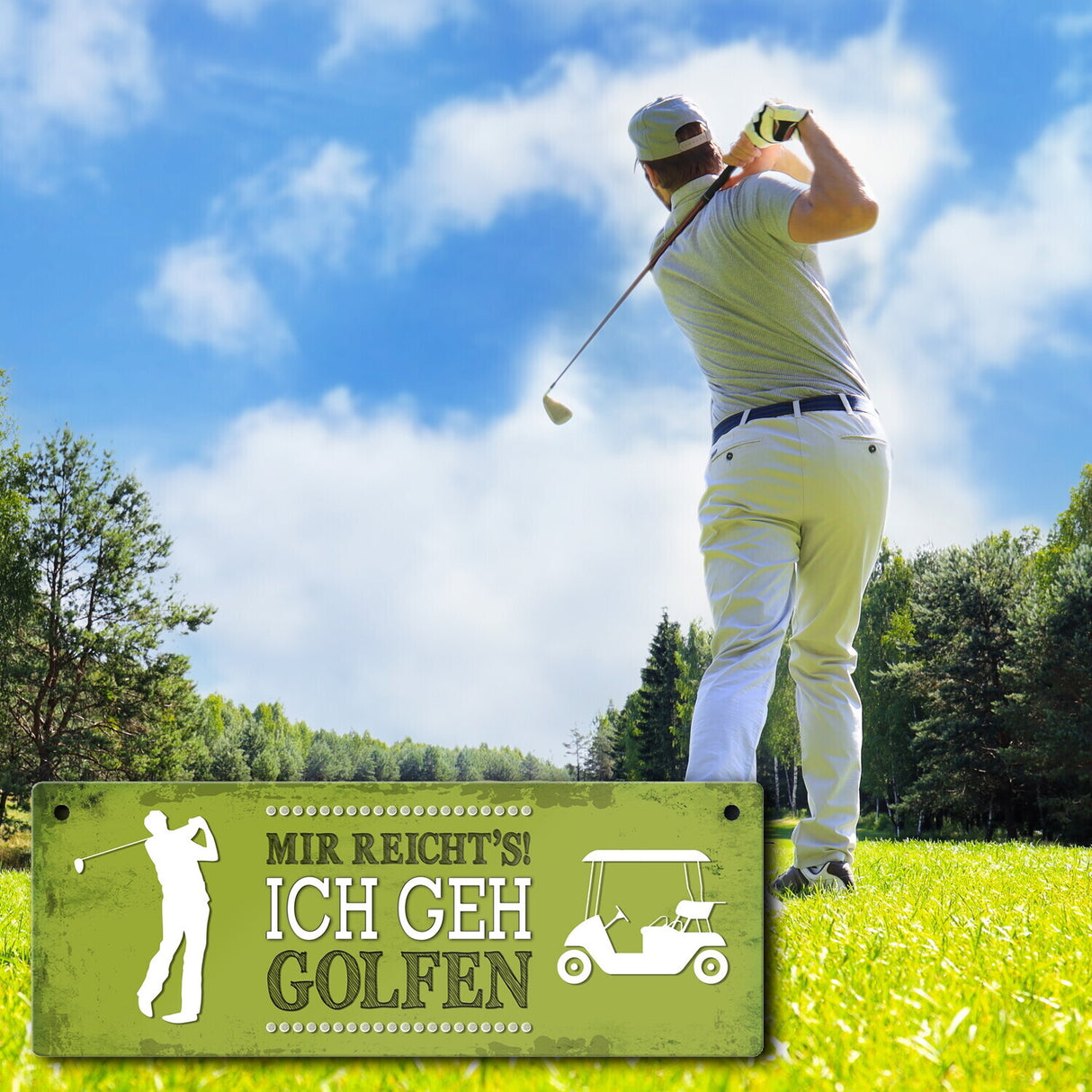 Metallschild mit Spruch: Mir reicht's! Ich geh golfen