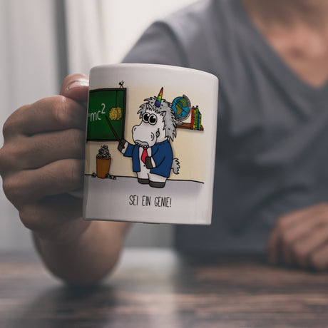 Honeycorns Kaffeebecher mit Einhorn Motiv und Spruch: Sei ein Genie!